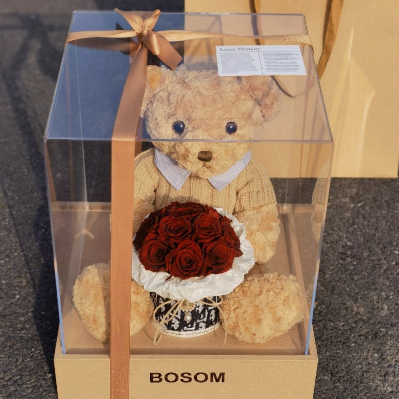 永生花泰迪熊抱抱桶玫瑰花束创意摆件圣诞送女友闺蜜创意生日礼物