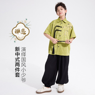 大童男装一米二三四五六年级七八九十岁小孩夏衣汉服国风唐套装绿