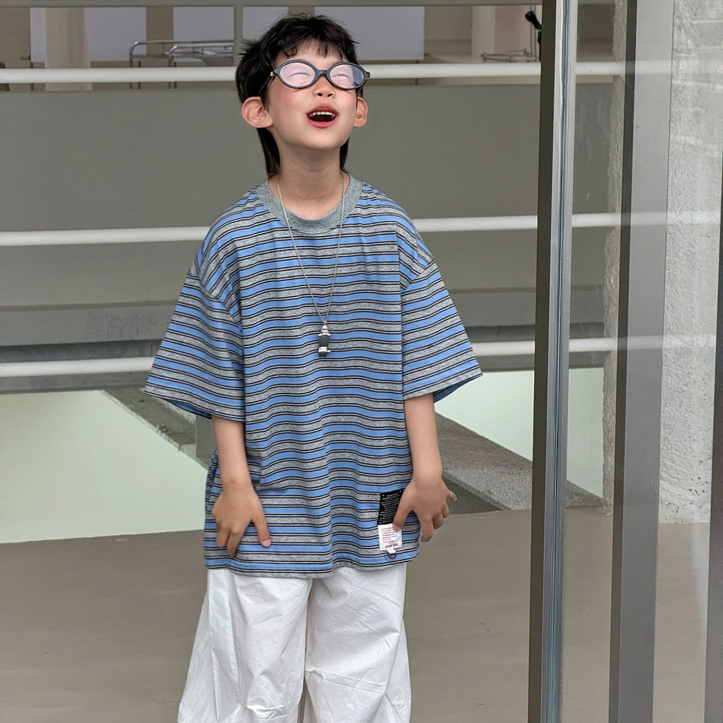 大中童男装一米二三四五六年级8七八九十岁小孩夏衣服条纹短袖t恤