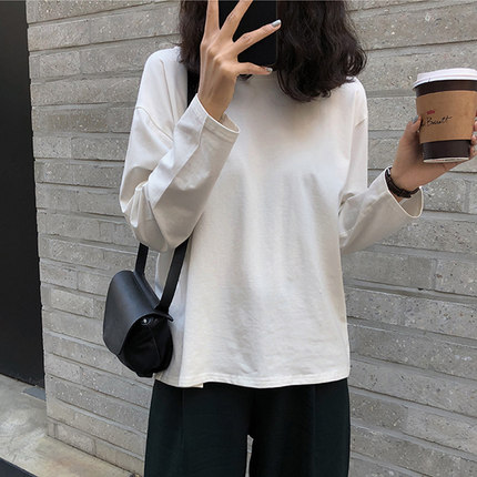 秋季上衣女装潮棉质白色长袖打底衫韩版百搭短款t宽松港味德绒