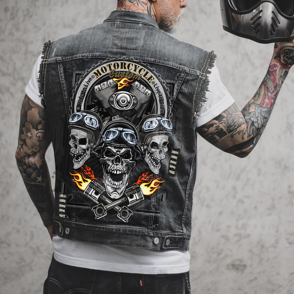 Men's denim vest 潮男牛仔马甲暗黑风骷髅骨头印花无袖百搭背心