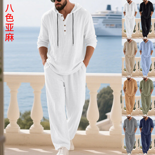 跨境欧美秋季亚麻男士休闲套装亚马逊宽松连帽亨利衫长袖长裤套装