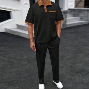 夏季 POLO衫 亚马逊跨境男士 华夫格宽松翻领拼色短袖 潮 休闲长裤 套装