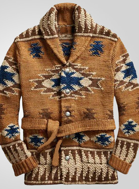 Men's sweater 欧美男士重工提花毛衣秋冬加厚开衫系带针织衫外套