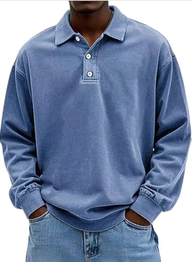 跨境亚马逊殴码男士休闲百搭长袖纽扣翻领衬衫运动户外polo衫卫衣