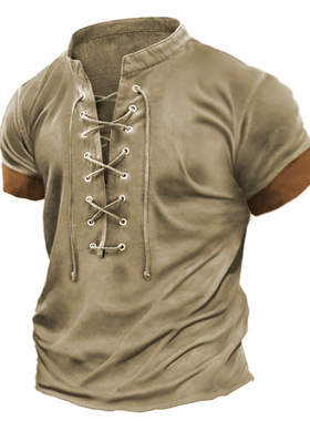 Casual vintage t-shirt 夏季大码男式复古系带休闲拼色短袖 T 恤