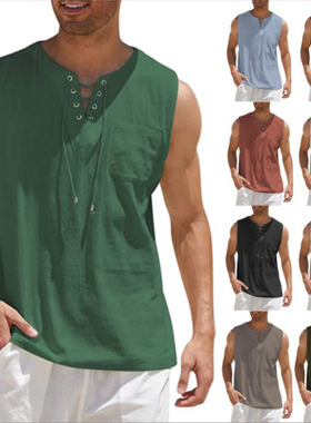 Men's Tank Top T-shirt 男士背心衬衫系带时尚纯色棉麻短袖T恤夏