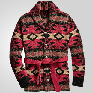 跨境男装美式复古重工提花针织衫秋冬大码加厚中长款开衫毛衣外套