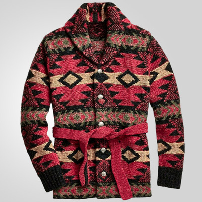 跨境男装美式复古重工提花针织衫秋冬大码加厚中长款开衫毛衣外套