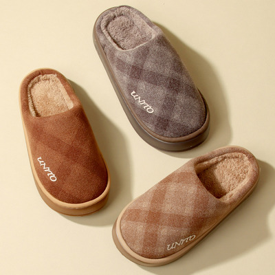 新款高级感时尚格子棉拖鞋秋冬季男女款家居家厚底保暖防滑月子鞋