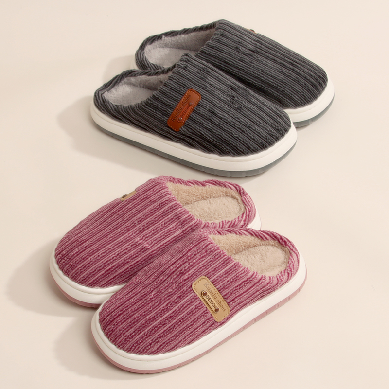 快鹿2024新款简约竖纹情侣家居家棉拖鞋男女士PVC底防滑保暖毛拖