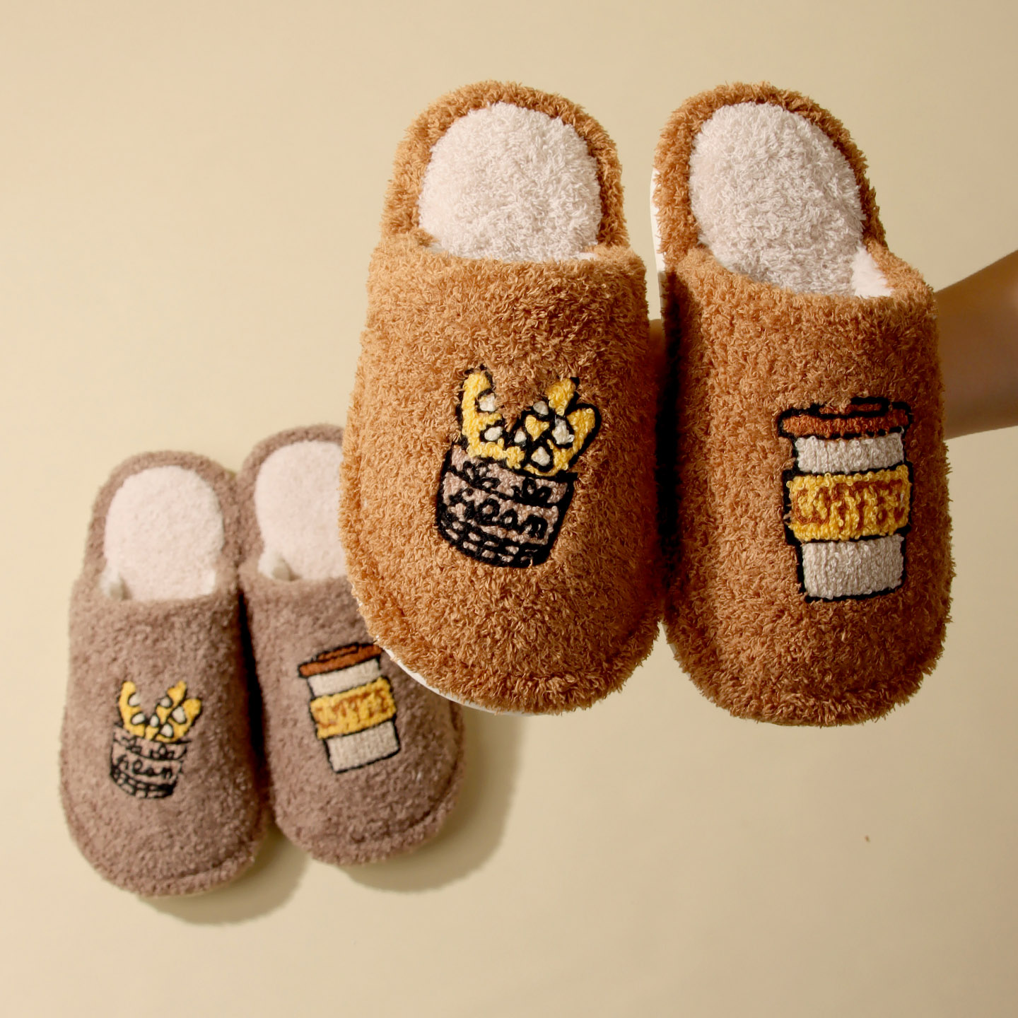 卡通奶茶面包棉拖鞋男女款毛巾绒面厚底防滑保暖毛绒拖鞋冬地板拖