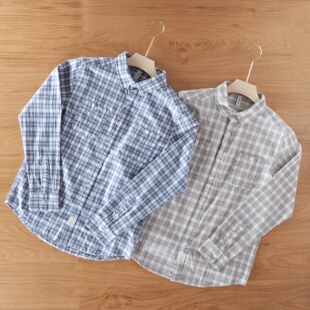 新款 休闲百搭小清新文艺寸衫 纯棉格子长袖 男士 男休闲衬衣 衬衫 秋季