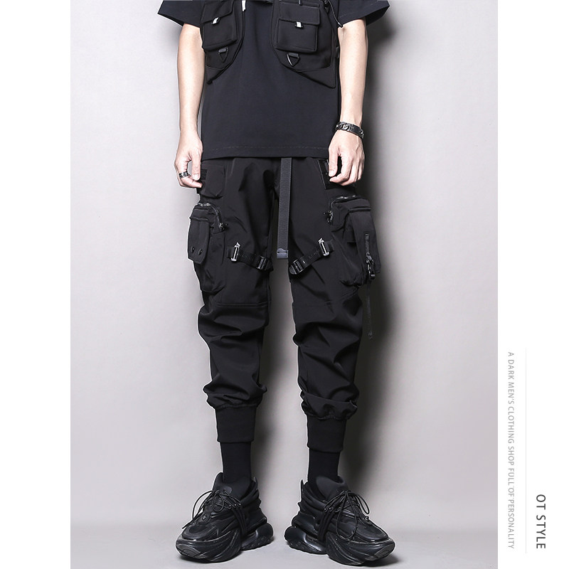 暗黑个性立体剪裁工装机能风多袋织带拼接九分休闲裤男潮流束脚裤