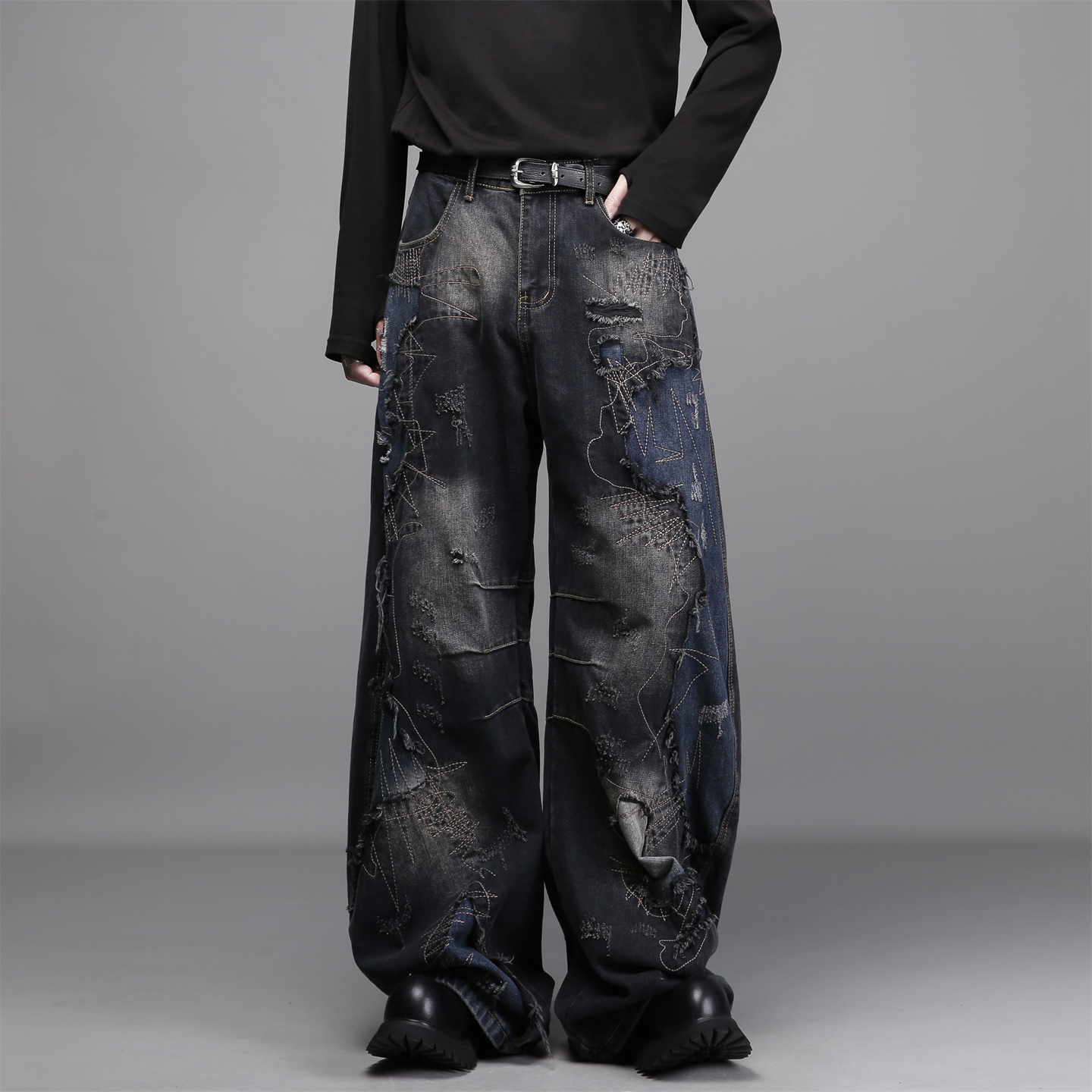 废土重工解构乞丐风小众洗水做旧补丁绣花刺绣拼接弯刀牛仔阔腿裤
