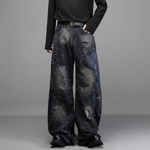 废土重工解构乞丐风小众洗水做旧补丁绣花刺绣拼接弯刀牛仔阔腿裤