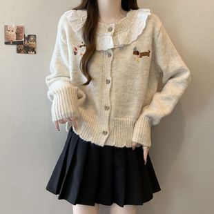 奶fufuf蕾絲花邊娃娃領毛衣外套女春季 上衣 胖mm顯瘦針織開衫 大碼