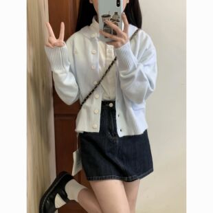 软糯慵懒毛衣韩系浅蓝色休闲外套女2026新款爆款春秋长袖针织开衫