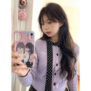 丁香紫麻花毛衣外套女早春新款修身显瘦针织开衫韩系学院风上衣潮