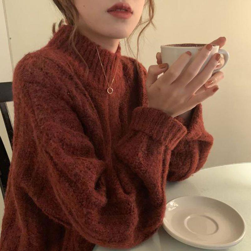 慵懒风半高领新年红色毛衣女秋冬2024新款加厚针织衫内搭打底上衣