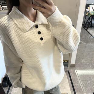 美式复古POLO翻领米白色毛衣女秋冬宽松慵懒风套头粗针针织衫上衣