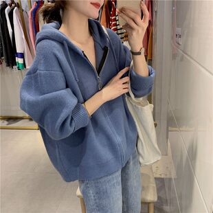 连帽卫衣外套女2026年秋季慵懒风减龄韩版宽松显瘦蓝色拉链开衫女