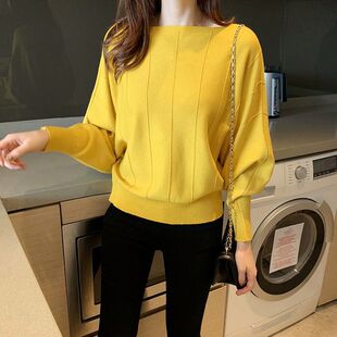 针织短款一字领毛衣女2026春秋新款韩版上衣蝙蝠袖宽松套头打底衫