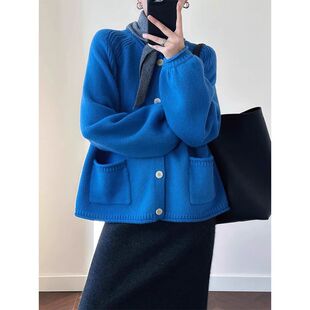 克莱因蓝针织开衫 上衣 毛衣外套女早春宽松慵懒风设计感小众灯笼袖