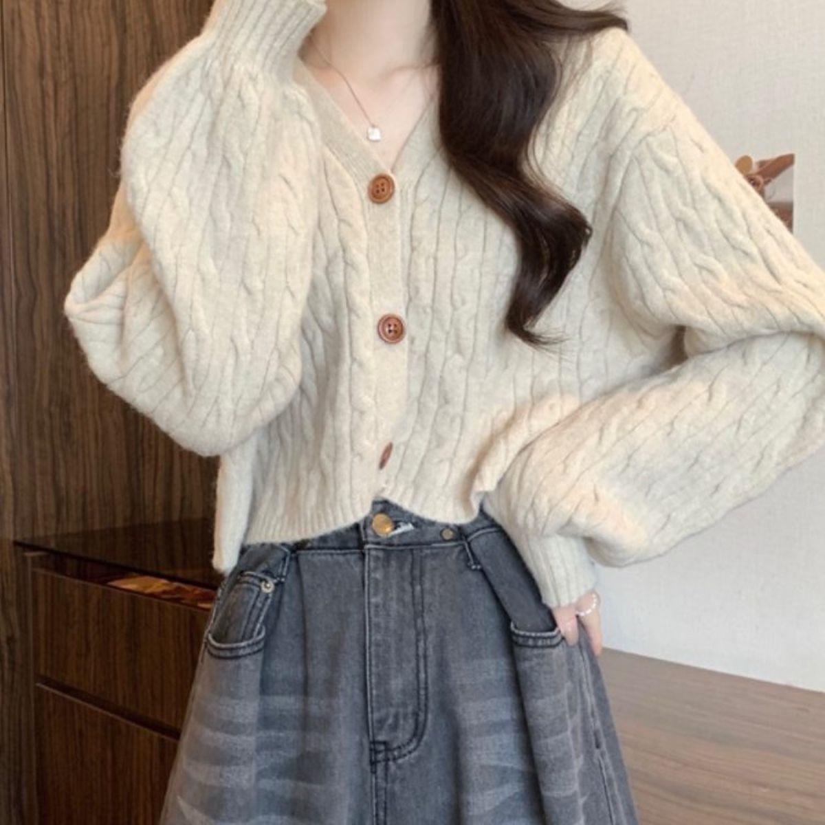 麻花V领毛衣外套女秋冬新款2026宽松慵懒短款针织衫开衫小众上衣