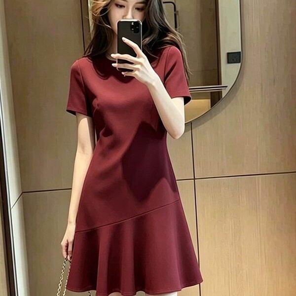 法式气质胖mm短袖连衣裙女夏季清新显瘦收腰简约通勤优雅洋气裙子