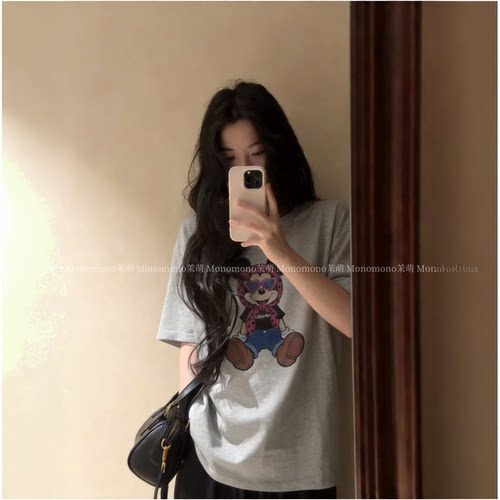 【丝巾米奇】韩代极简小众设计宽松大版T恤女短袖数码直喷无感印�
