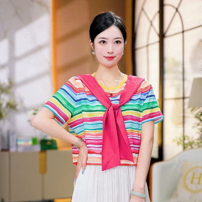 现货 明媚时光~彩虹条纹气质减龄短袖上衣百搭宽松T恤衫夏 送披肩