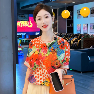 现货 花甸晴野~时尚气质圆领百搭夏款短袖显瘦宽松T恤上衣印花