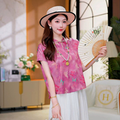 显瘦宽松T恤衬衫 立领百搭蝴蝶提花上衣短袖 新中式 夏 绛紫迷蝶