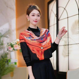 现货 橙纹秘境~双绉丝百搭长袖宽松T恤立体印花打底衫上衣秋冬新