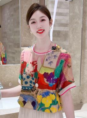 现货 晴窗花事~时尚气质圆领百搭夏款短袖显瘦宽松T恤上衣印花