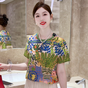现货 小岛微风~时尚气质圆领百搭短袖显瘦宽松T恤印花遮肚上衣夏