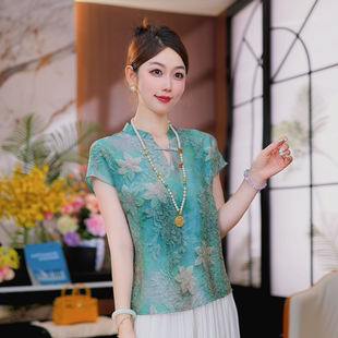 【湖青花蔓】新中式国风女装立领盘扣衬衫上衣夏短袖显瘦宽松T恤