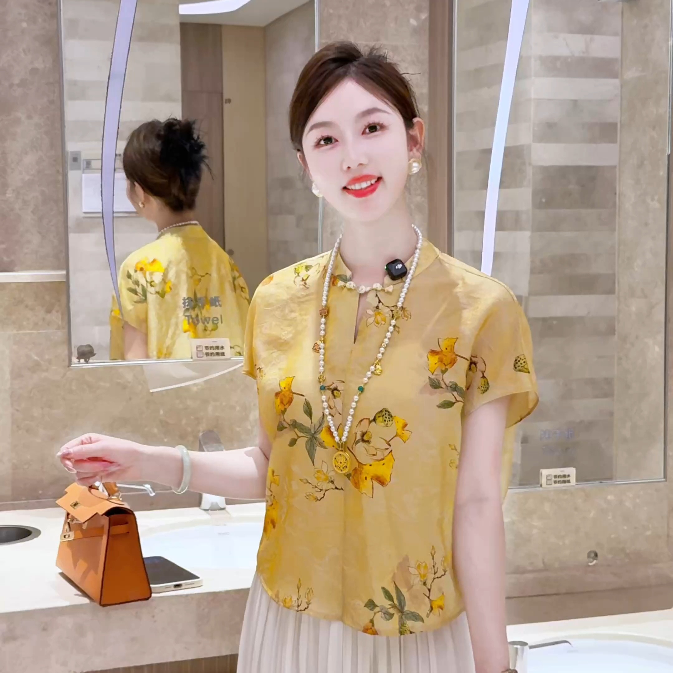 现货 金缕花枝~新中式国风女装立领盘扣衬衫上衣夏款短袖宽松T恤