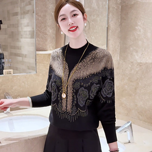 现货 蓝调时刻~秋冬新款抗起球保暖针织提花烫钻宽松外穿套头毛衣