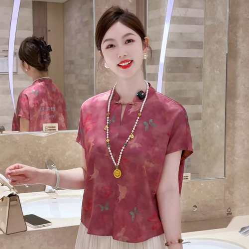 现货 绛紫迷蝶 ~新中式国风女装立领盘扣衬衫上衣夏款短袖宽松T恤