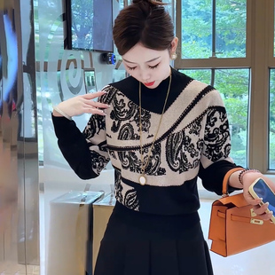 墨白织锦~软糯亲肤黑白腰果花烫钻提花针织衫宽松显瘦抗起球毛衣