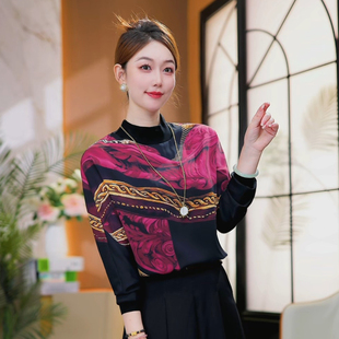 宽松T恤外穿打底小衫 双绉丝长袖 洋气印花上衣秋冬 胭脂海棠 现货