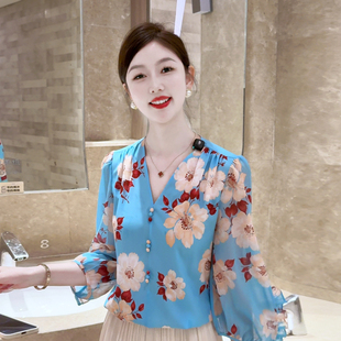 中袖 V领百搭夏款 时尚 显瘦宽松T恤上衣印花春夏遮肚 海风轻语