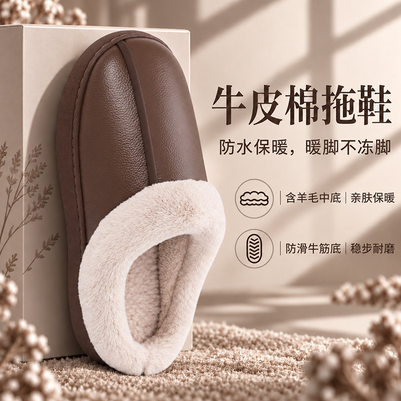 高档皮拖鞋家居女秋冬加绒保暖头层真牛皮棉拖鞋E家用防滑静音