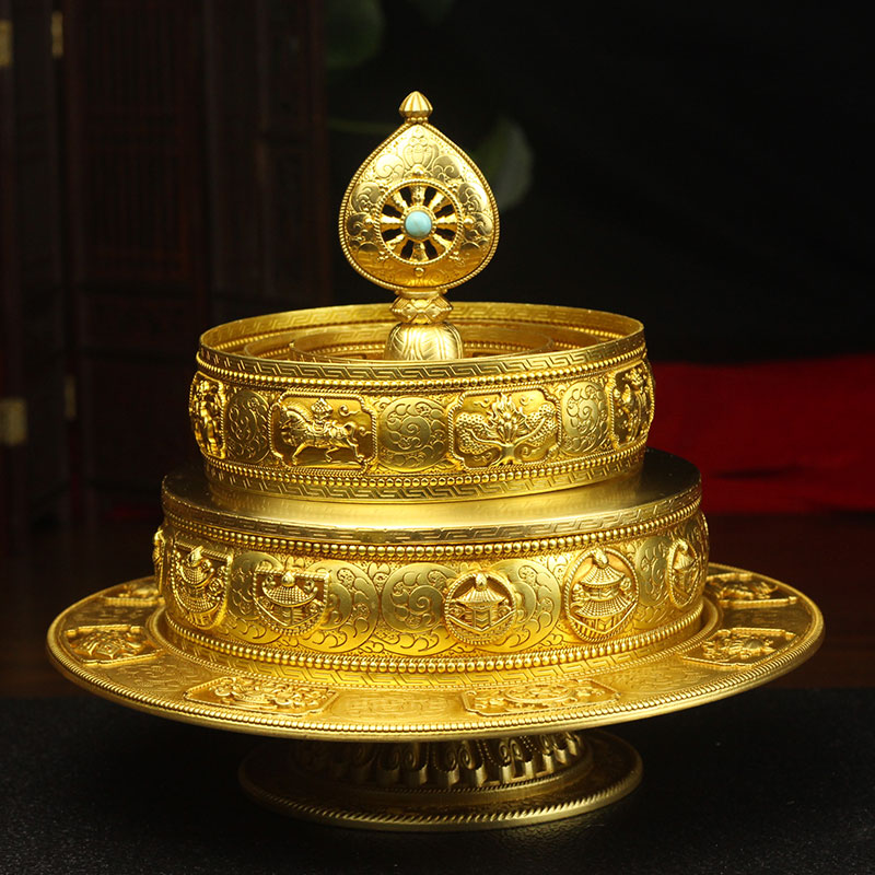 藏式佛品三十七堆纯铜八吉祥曼扎尼泊尔手工修供福报曼达盘七宝石