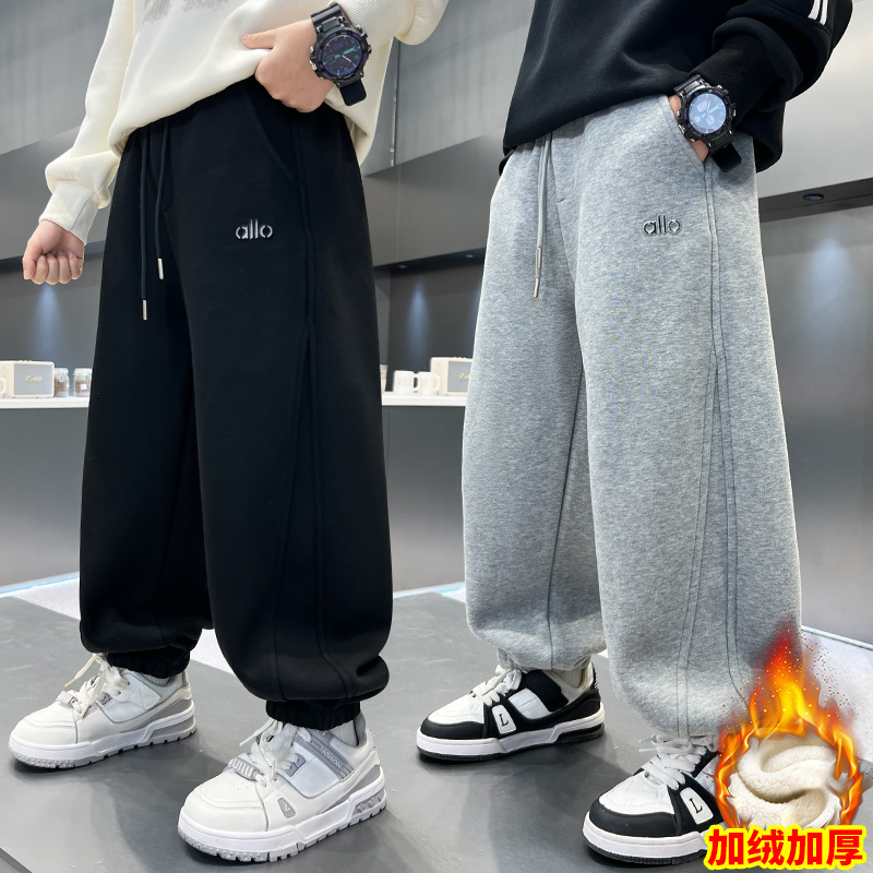 男童冬季一体加绒裤子2025新款中大童儿童冬款男孩加厚运动卫裤