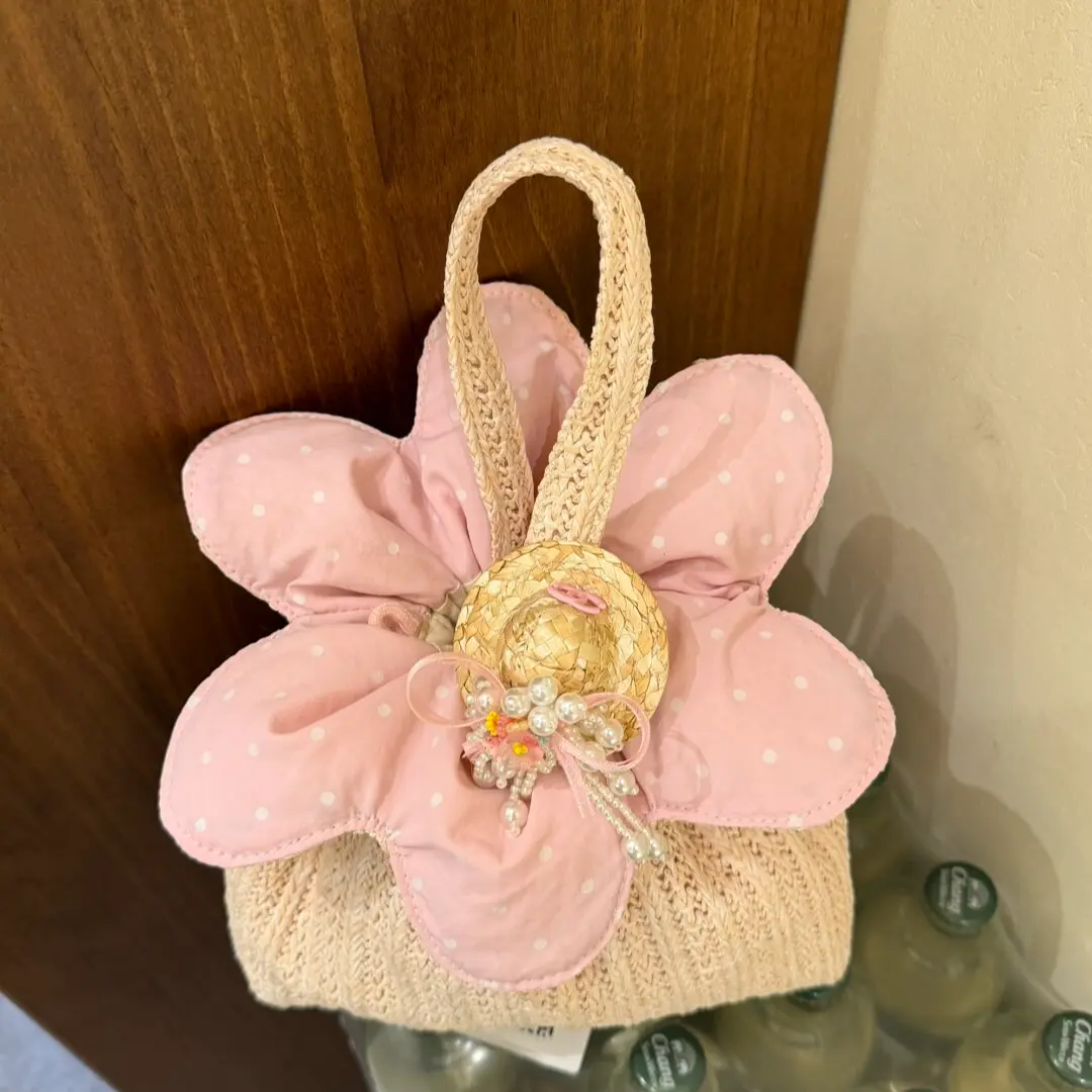 度假风草编花朵手提包女粉波点草帽装饰夏季沙滩手拎小包功能包图片