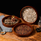 复古木质圆形托盘摆件高级感客厅玄关置物盘香水茶具茶杯收纳托盘