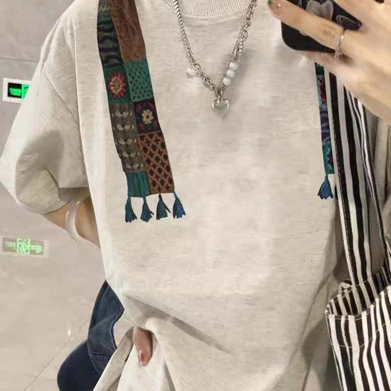 大码灰色短袖t恤女2025新款夏季纯棉设计感美式印花半袖宽松上衣